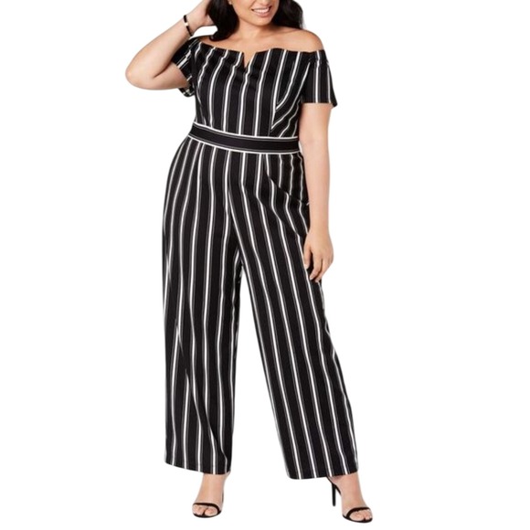Teeze Me Off Shoulder Striped Wide Leg Jumpsuit Plus Size 24 3X NWT Black White - Picture 1 of 7